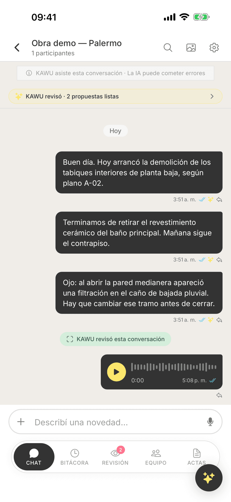 Chat de obra de KAWU con propuestas automáticas de IA